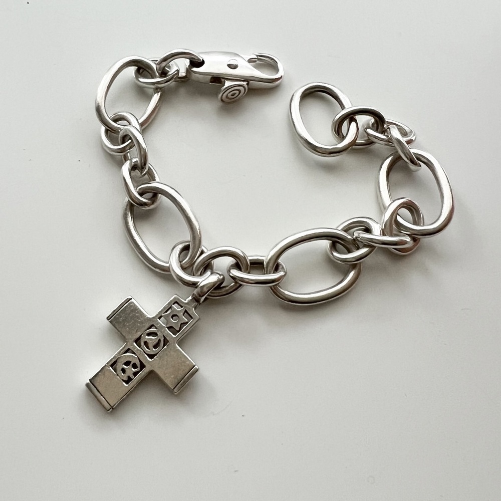 Barry Kieselstein Cord Sterling Silver Chain Bracelet with World Peace Cross